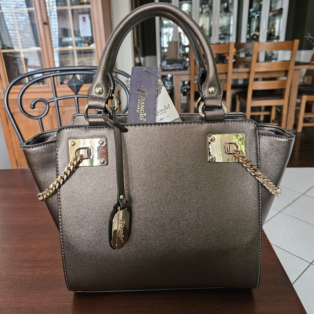 Brangio Italy Metallic Bronze Taupe Top Handle Bag Handbag Purse